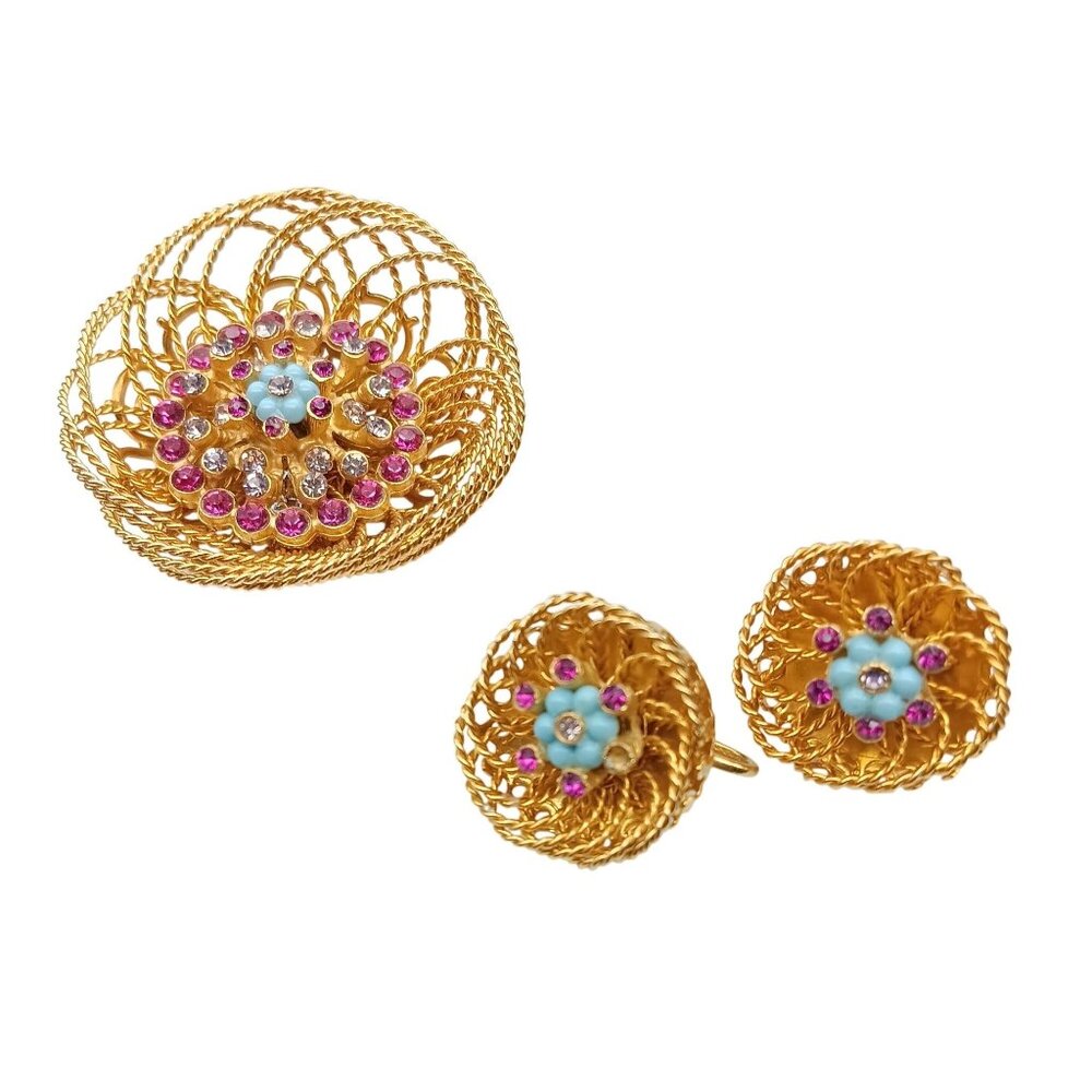 Vintage Gold-Tone Filigree Spun Wire Floral Brooch & Clip-On Earrings Set